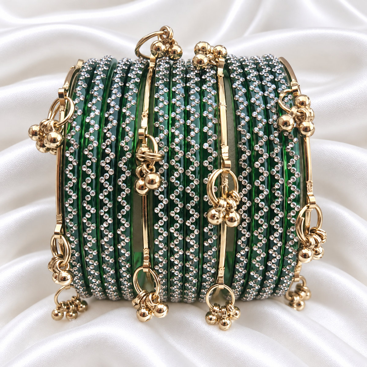 Dark Green Zig Zag Glass with Gold Ghungroo Bangles