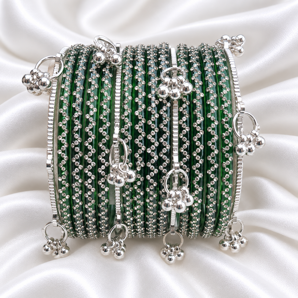 Dark Green Zig Zag Glass with Silver Ghungroo Bangles