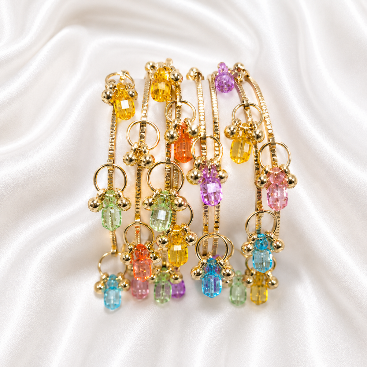Pastel Crystal Bead Drop on Gold Ghungroo Bangles