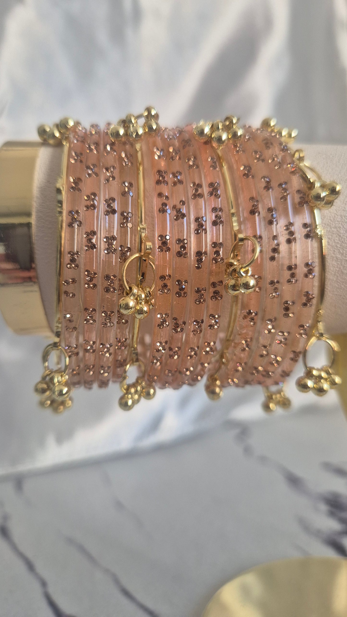 Light Peach Raindrop Glass with Gold Ghungroo Bangles