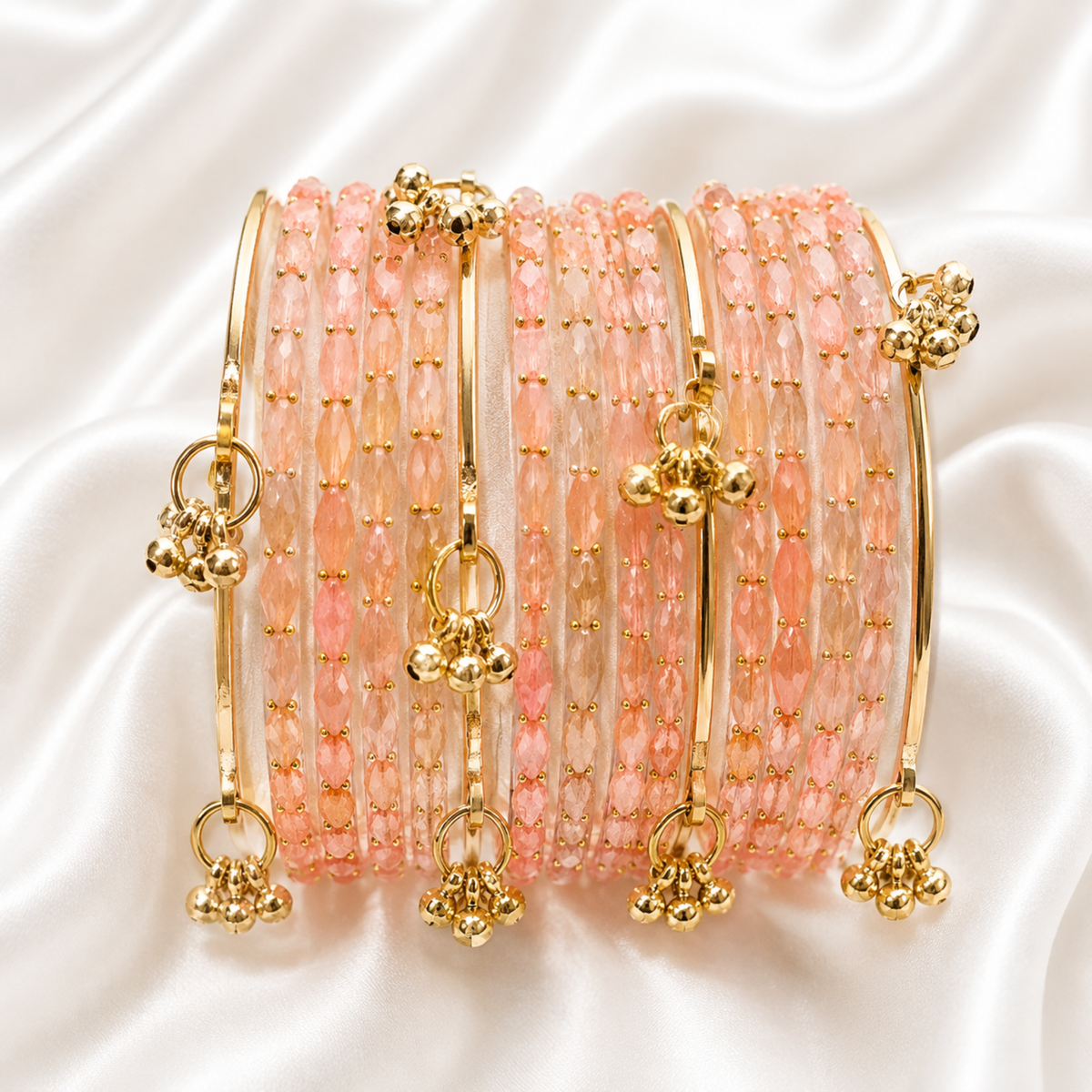 Light Peach Raindrop Glass with Gold Ghungroo Bangles