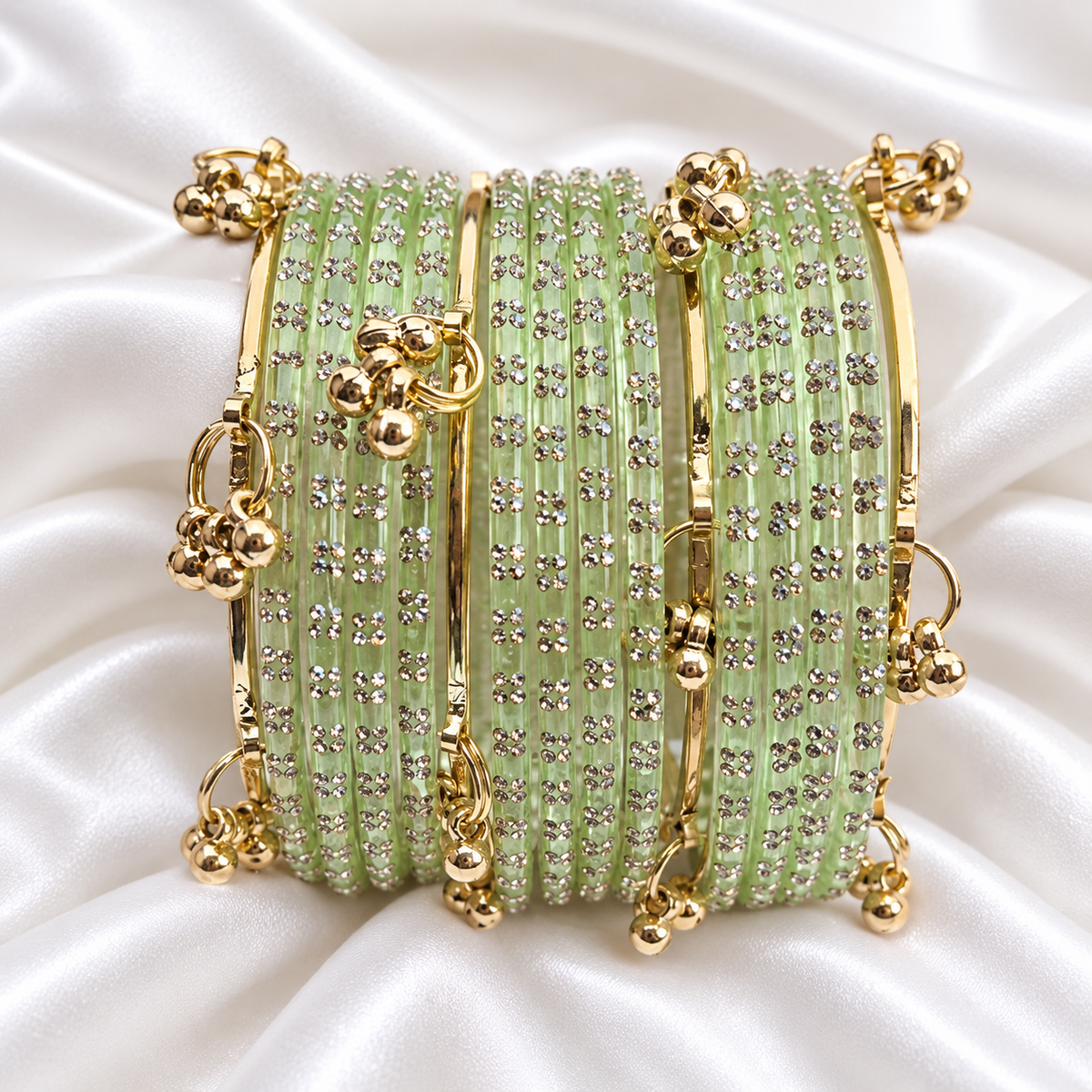 Mint Green Zig Zag Glass with Gold Ghungroo Bangles