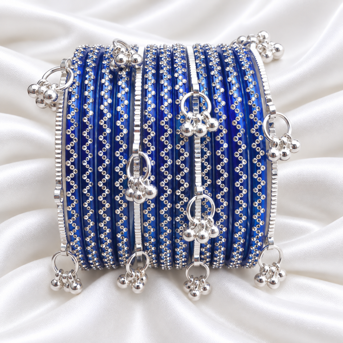 Royal Blue Zig Zag Glass with Silver Ghungroo Bangles