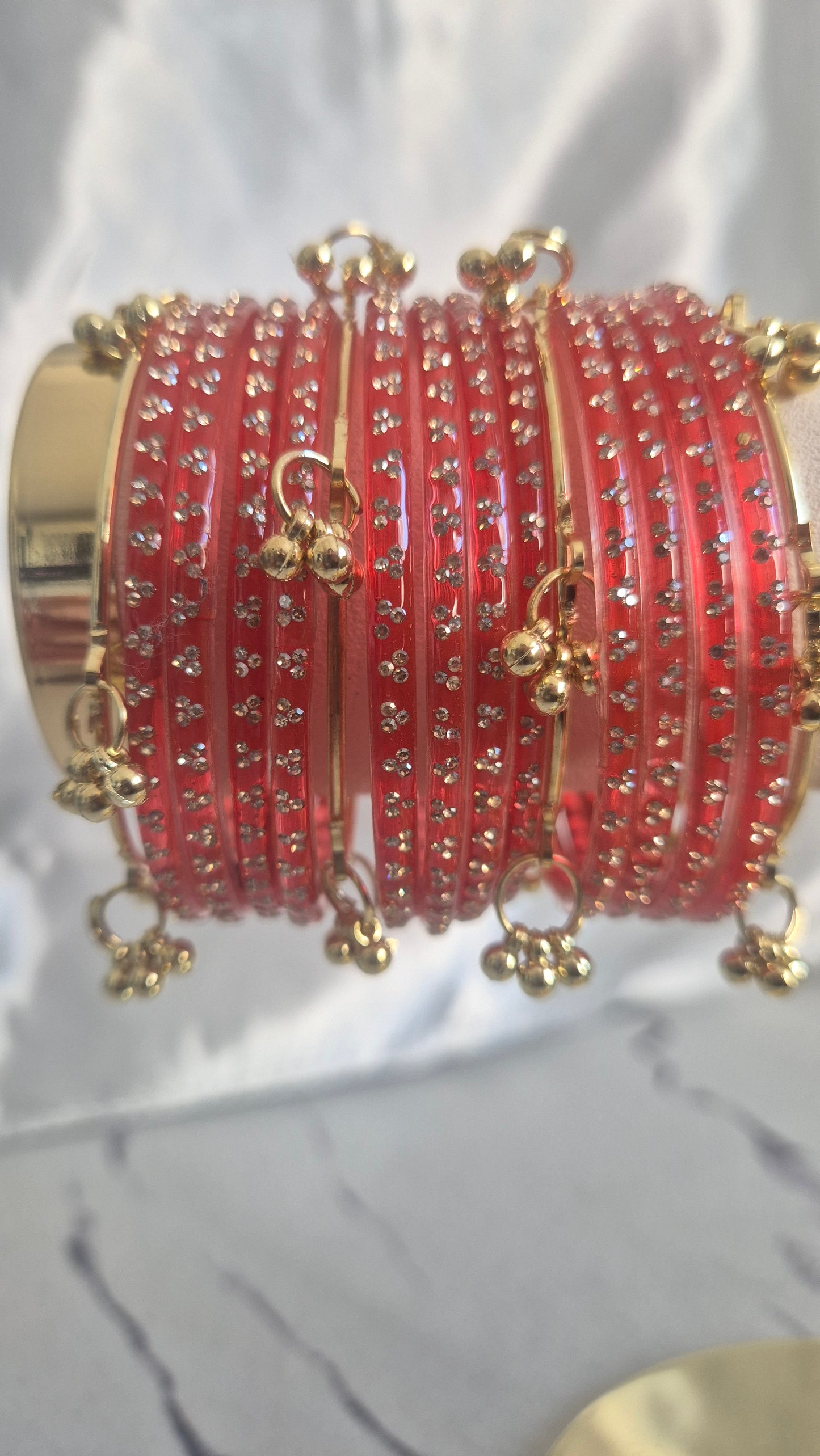 Rust Red Raindrop Glass with Gold Ghungroo Bangles