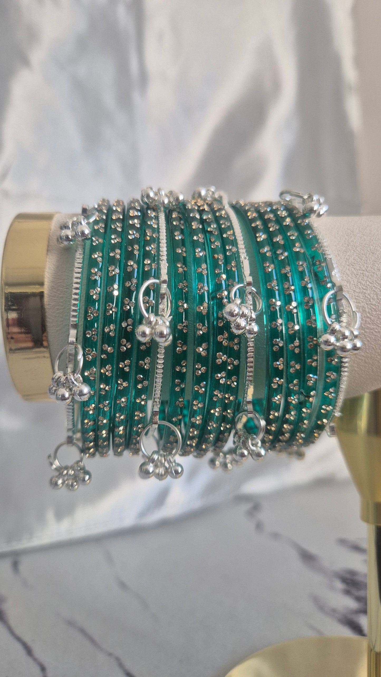 Teal Green Raindrop Glass with Silver Ghungroo Bangles