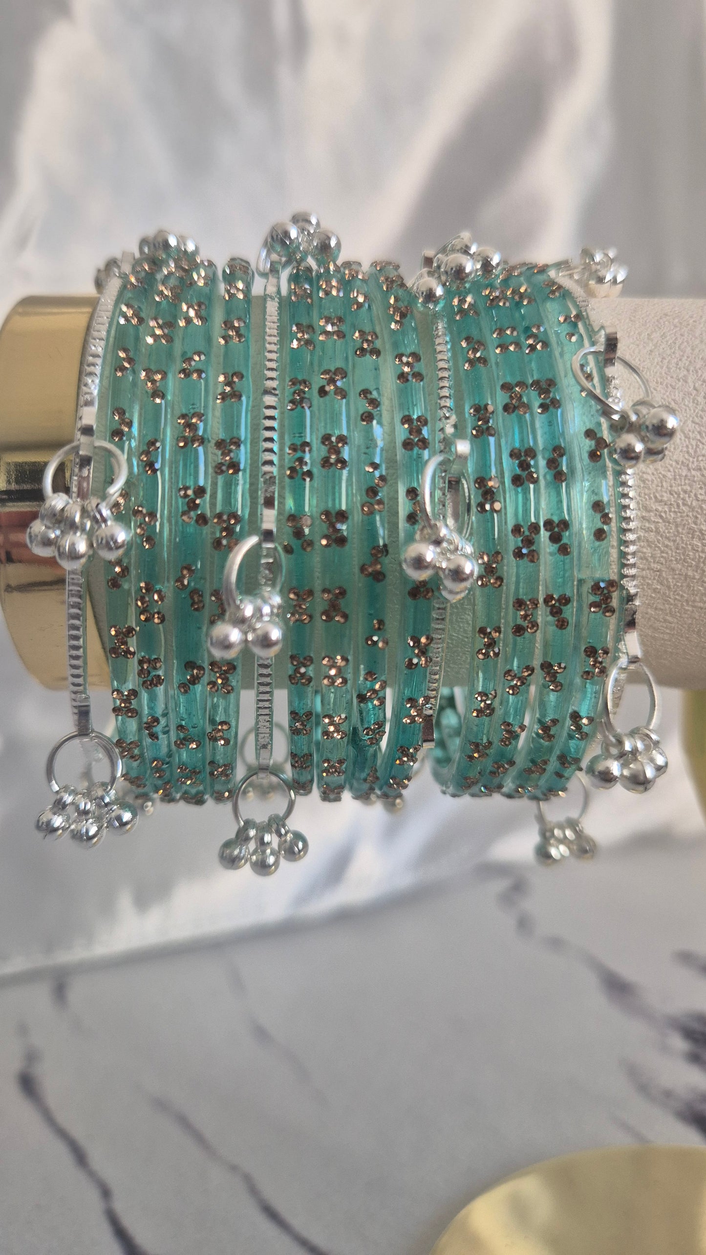Turquoise Blue Raindrop Glass with Silver Ghungroo Bangles