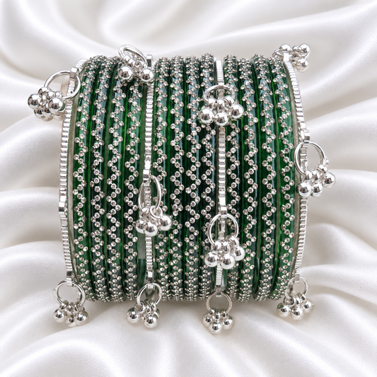 Dark Green Zig Zag Glass with Silver Ghungroo Bangles