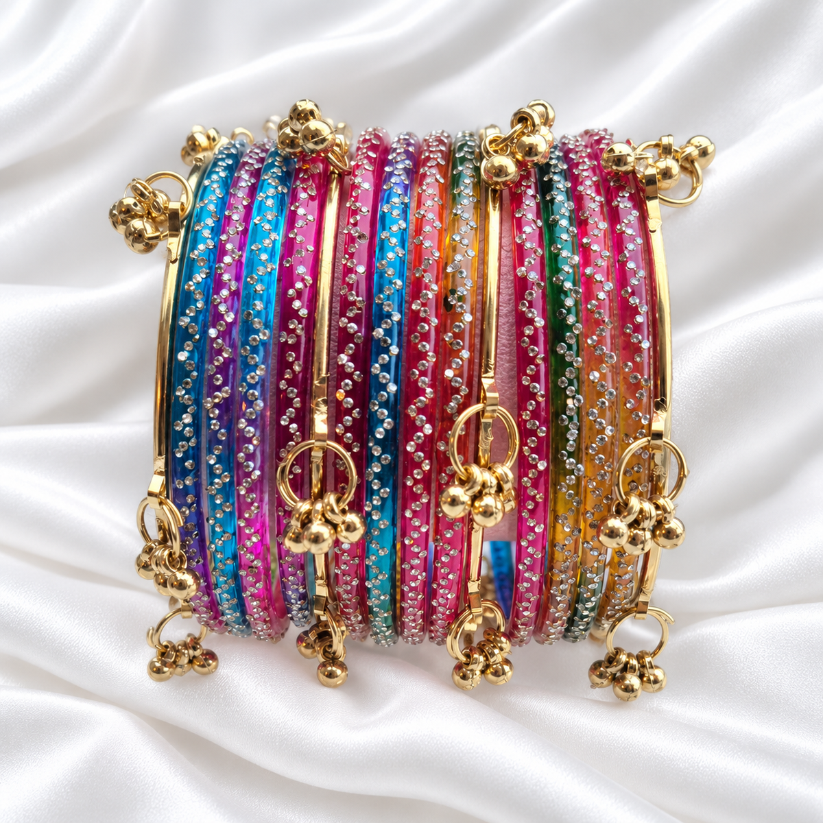 Dark Rainbow Multi Colour Zig Zag Glass with Gold Ghungroo Bangles