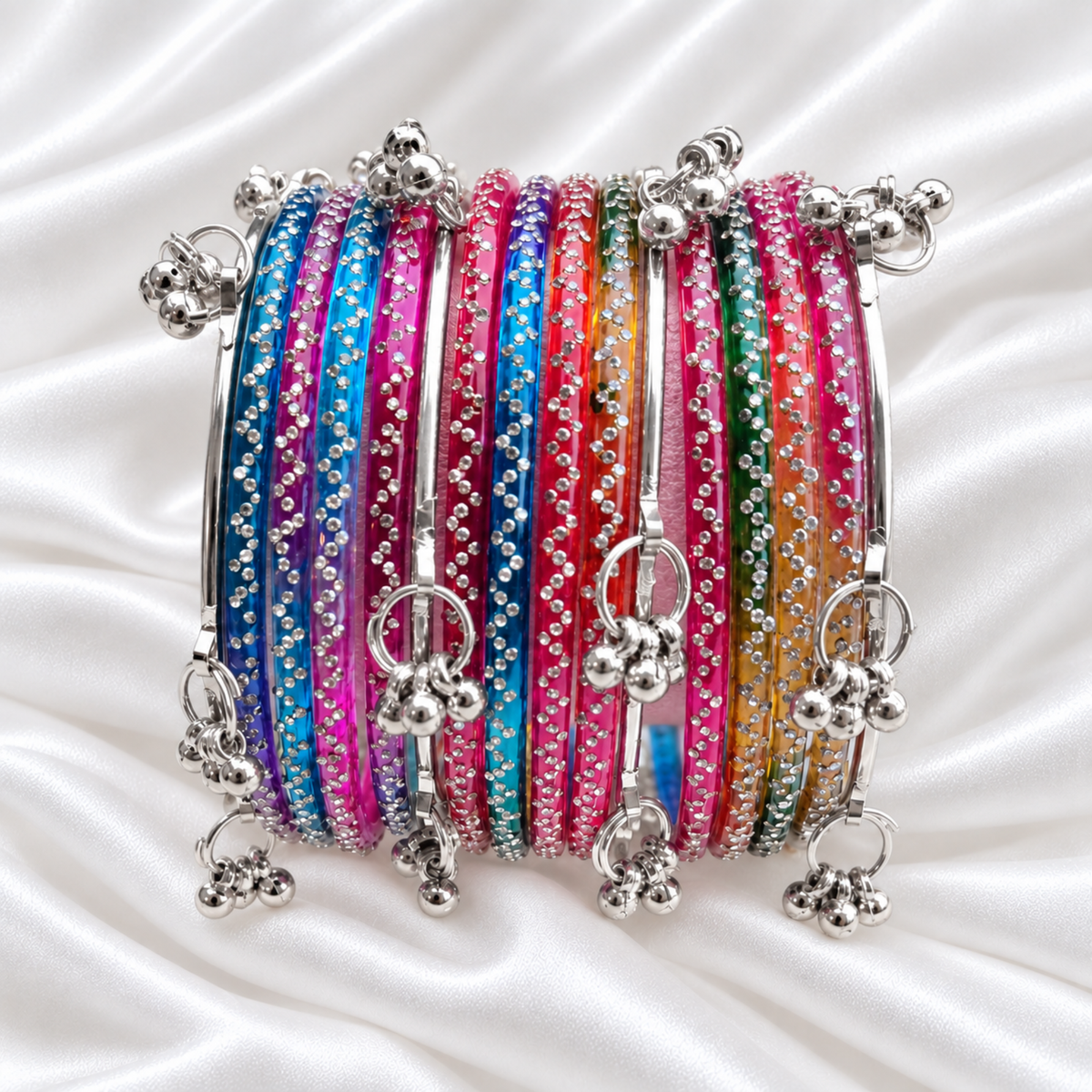Dark Rainbow Multi Colour Zig Zag Glass with Silver Ghungroo Bangles