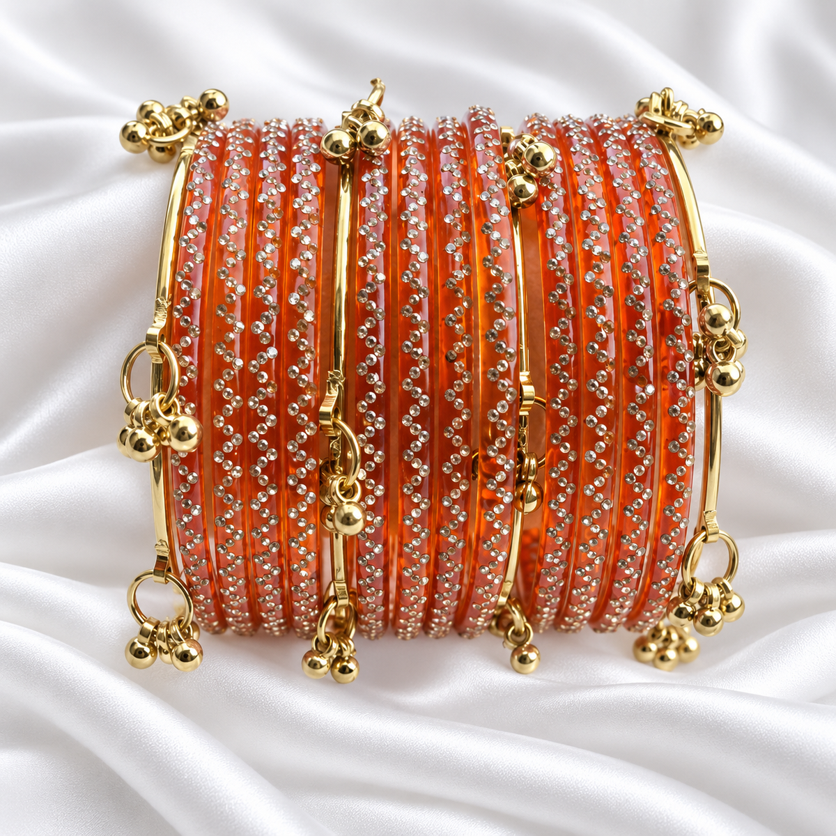 Tango Orange Zig Zag Glass with Gold Ghungroo Bangles