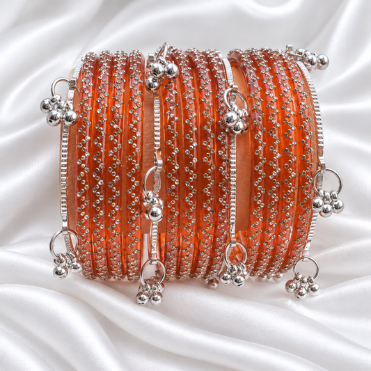 Tango Orange Zig Zag Glass with Silver Ghungroo Bangles