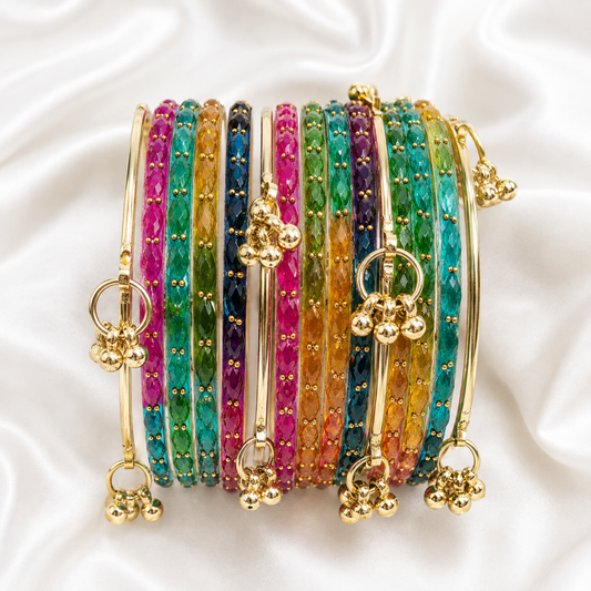 Dark Rainbow Multi Colour Glass with Gold Ghungroo Bangles