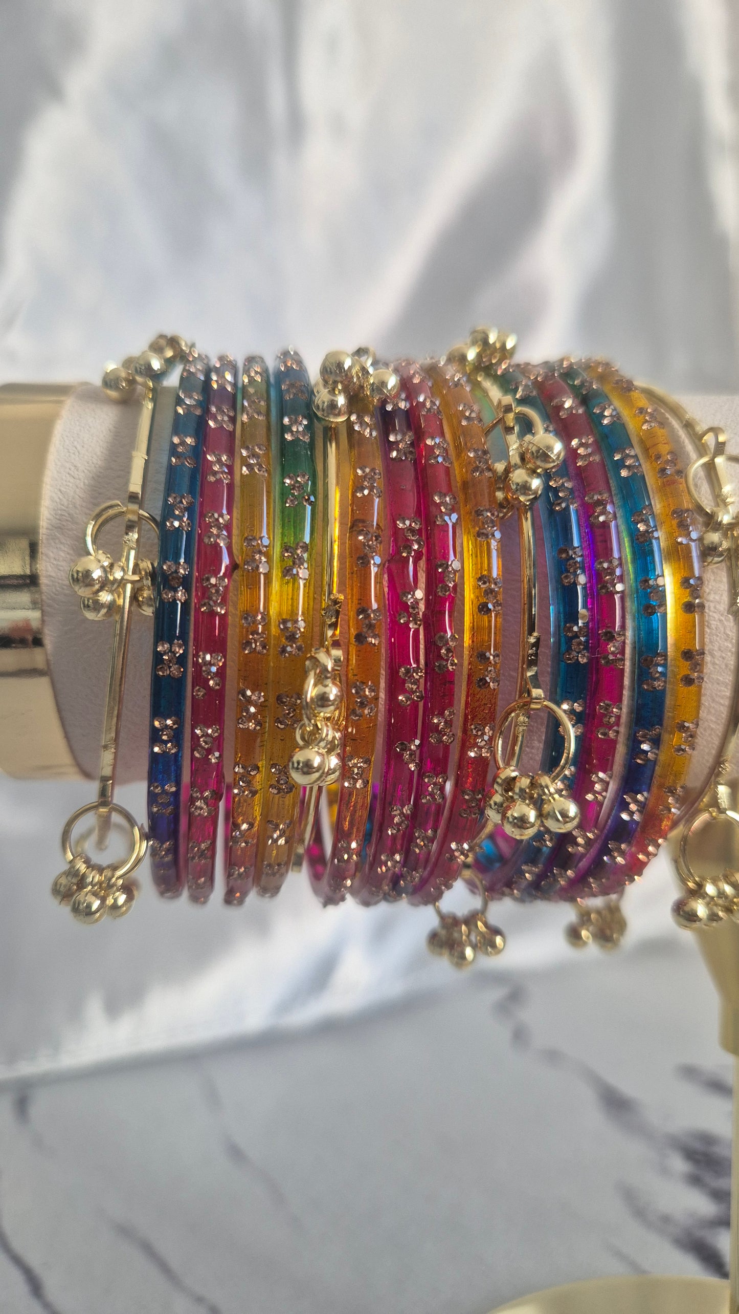 Dark Rainbow Multi Colour Glass with Gold Ghungroo Bangles