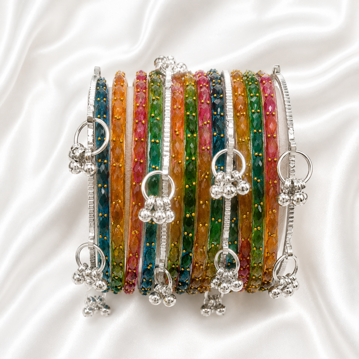 Dark Rainbow Multi Colour Zig Zag Glass with Silver Ghungroo Bangles