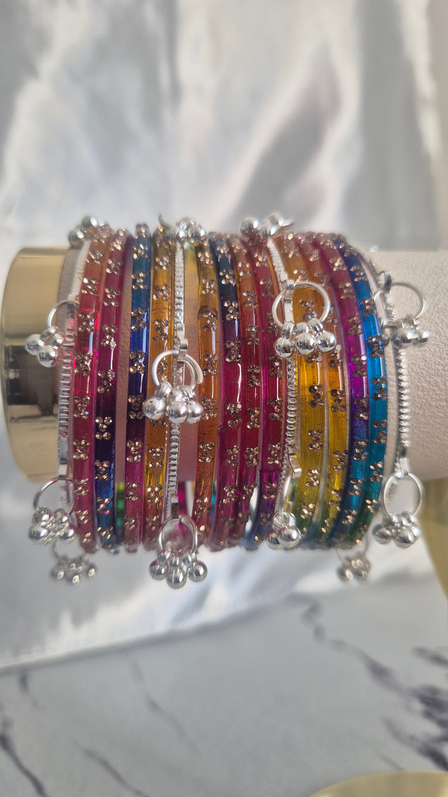 Dark Rainbow Multi Colour Glass with Silver Ghungroo Bangles