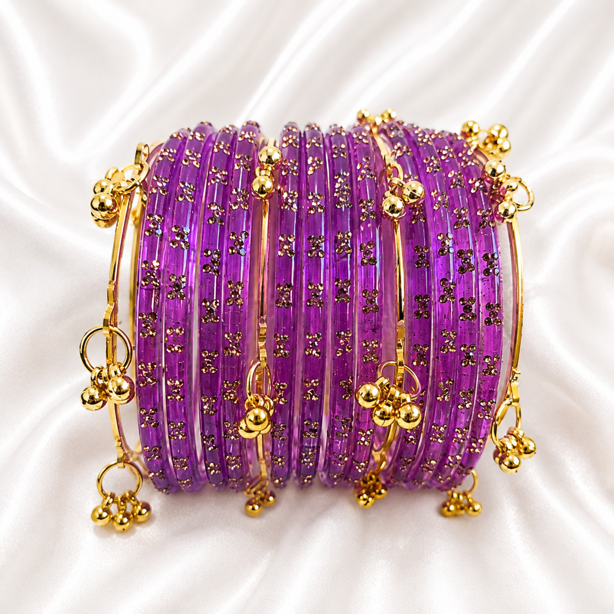 Lavender Purple Raindrop Glass with Gold Ghungroo Bangles