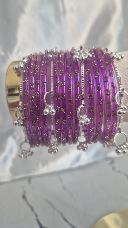 Lavender Purple Raindrop Glass with Silver Ghungroo Bangles