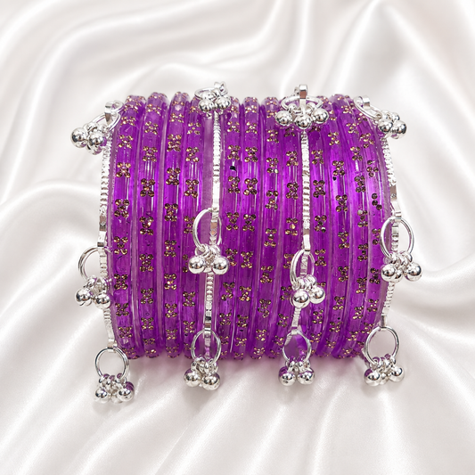 Lavender Purple Raindrop Glass with Silver Ghungroo Bangles