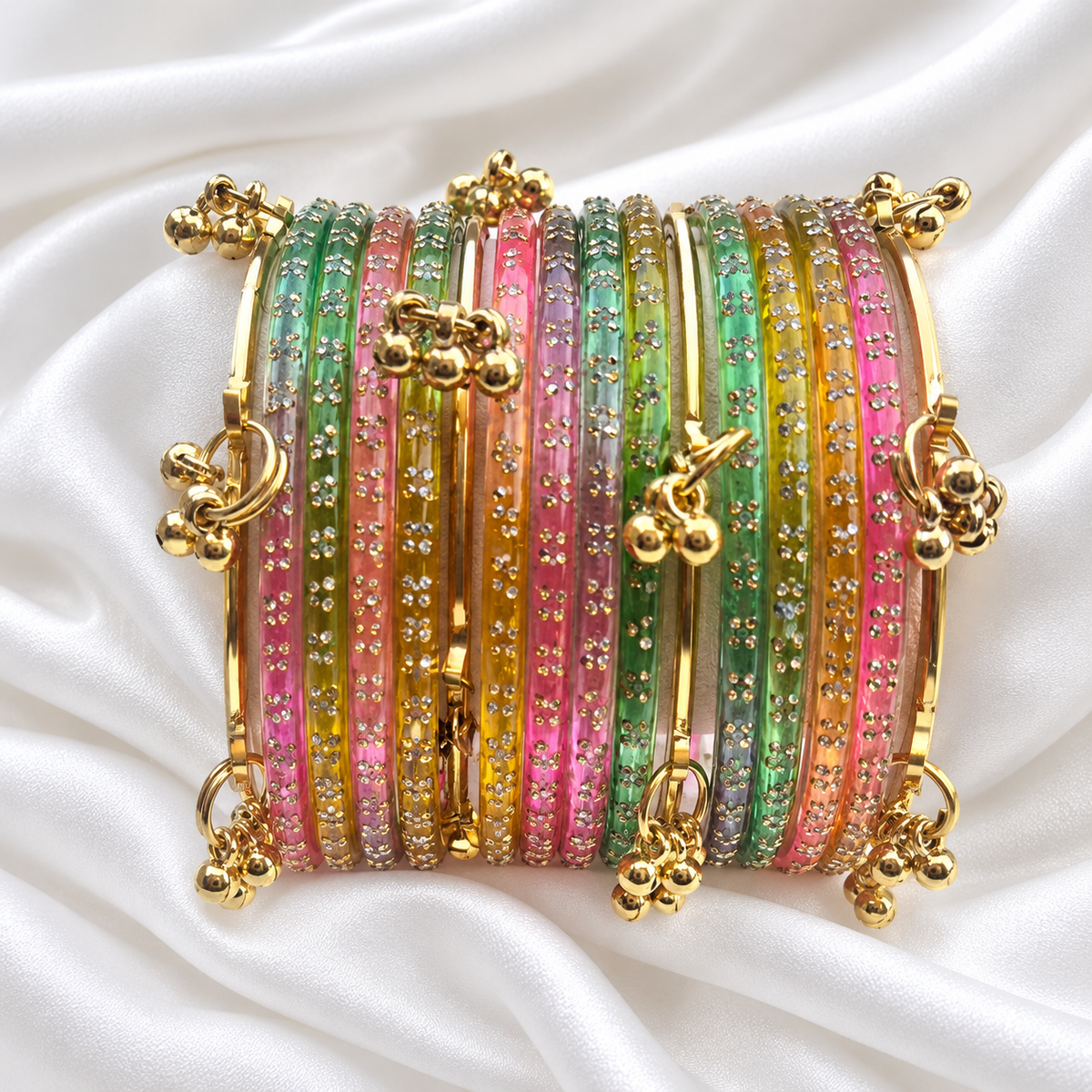 Light Rainbow Multi Colour Glass with Ghungroo Gold Bangles