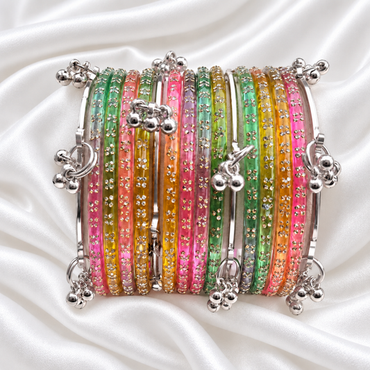 Light Rainbow Multi Colour Glass with Ghungroo Silver Bangles