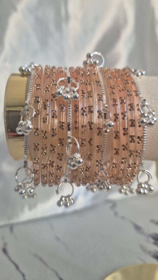 Light Peach Raindrop Glass with Silver Ghungroo Bangles