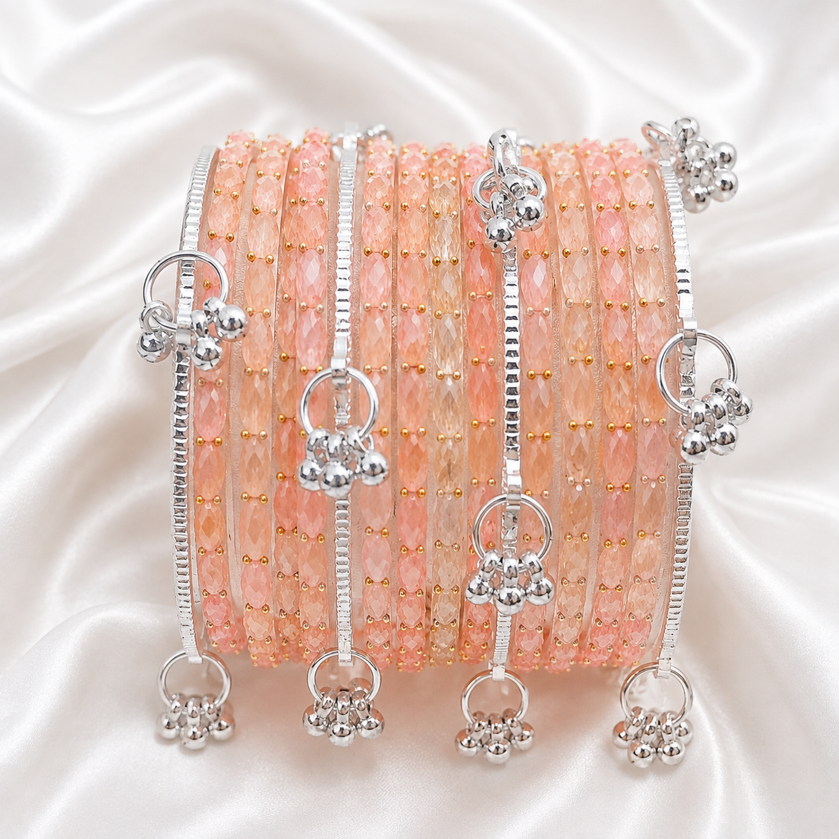 Light Peach Raindrop Glass with Silver Ghungroo Bangles