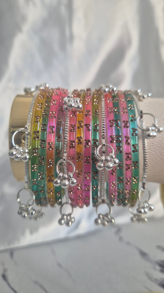 Light Rainbow Multi Colour Glass with Ghungroo Silver Bangles