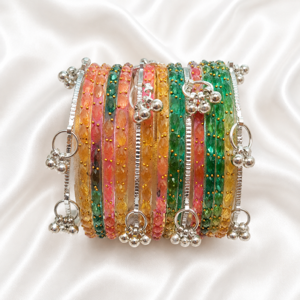 Light Rainbow Multi Colour Glass with Ghungroo Silver Bangles