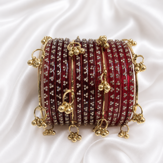 Maroon Red Raindrop Glass with Gold Ghungroo Bangles