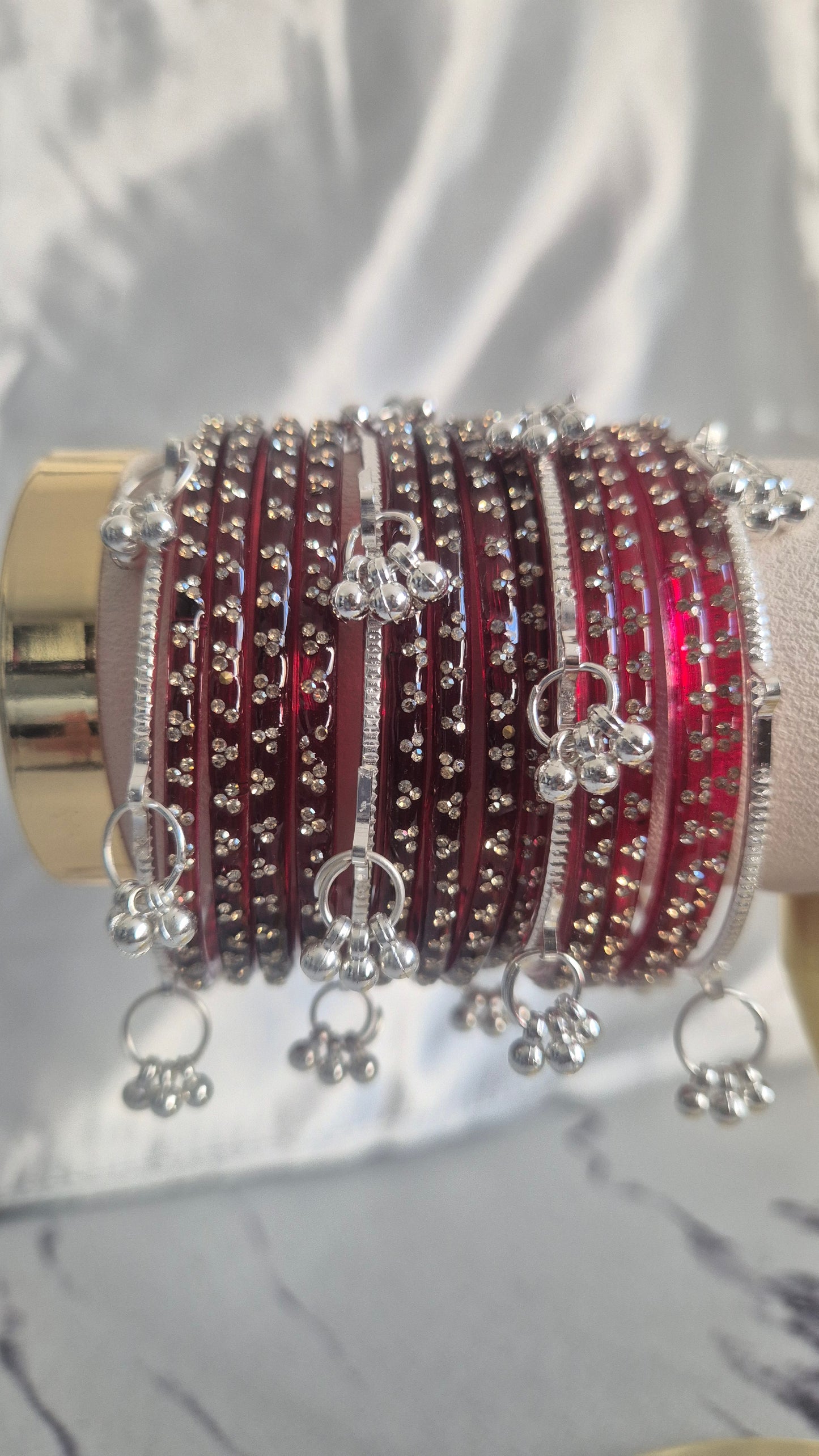 Maroon Red Raindrop Glass with Silver Ghungroo Bangles