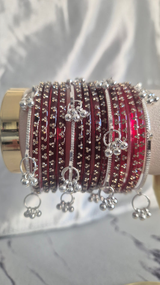 Maroon Red Raindrop Glass with Silver Ghungroo Bangles