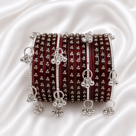 Maroon Red Raindrop Glass with Silver Ghungroo Bangles