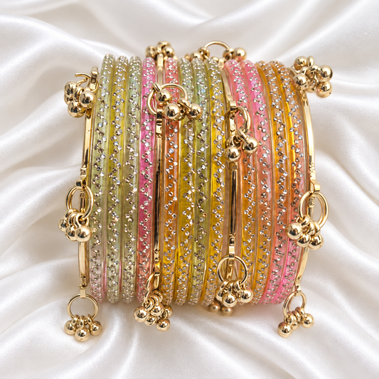 Light Rainbow Meadow Multi Colour Glass with Ghungroo Gold Bangles