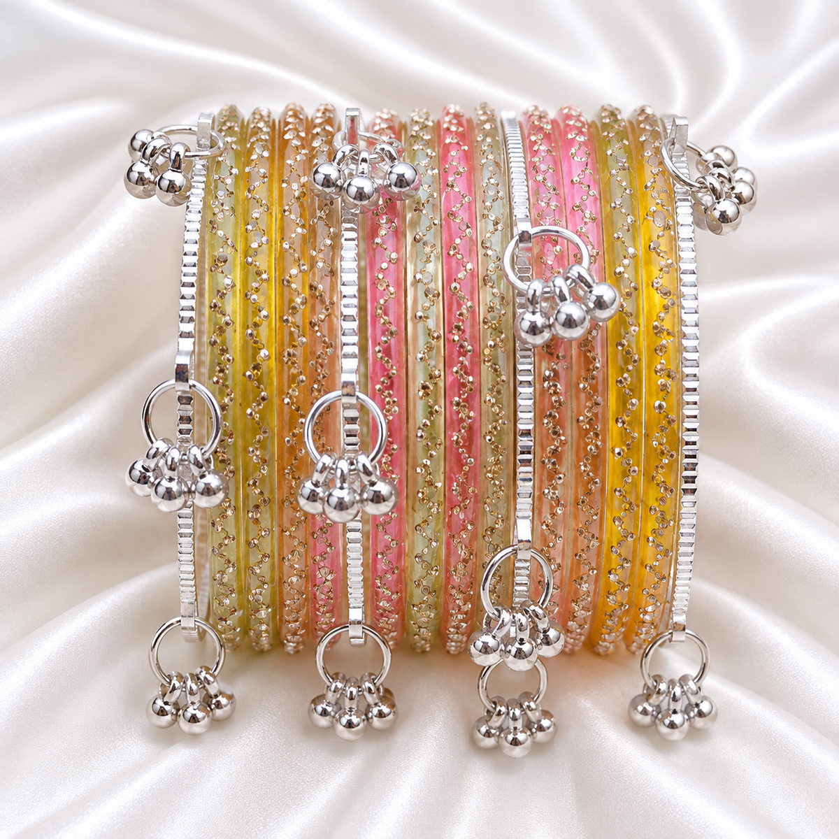 Light Rainbow Meadow Multi Colour Glass with Ghungroo Silver Bangles
