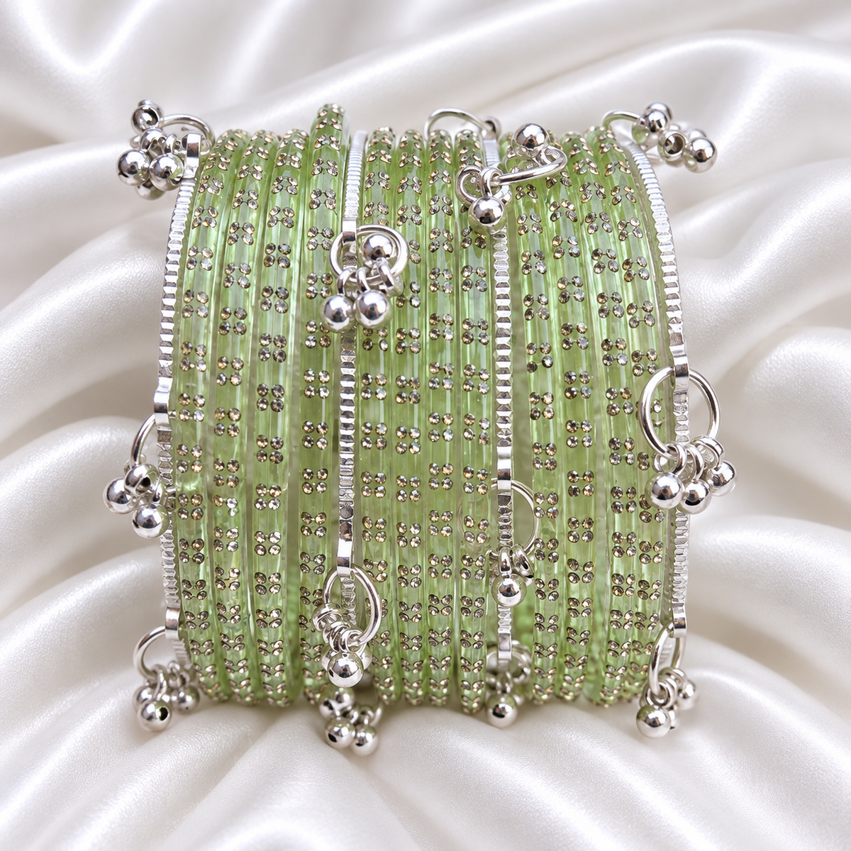 Mint Green Zig Zag Glass with Silver Ghungroo Bangles