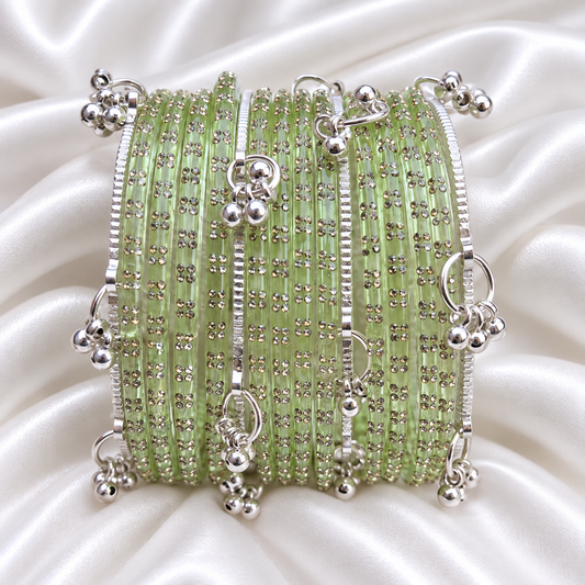Mint Green Zig Zag Glass with Silver Ghungroo Bangles