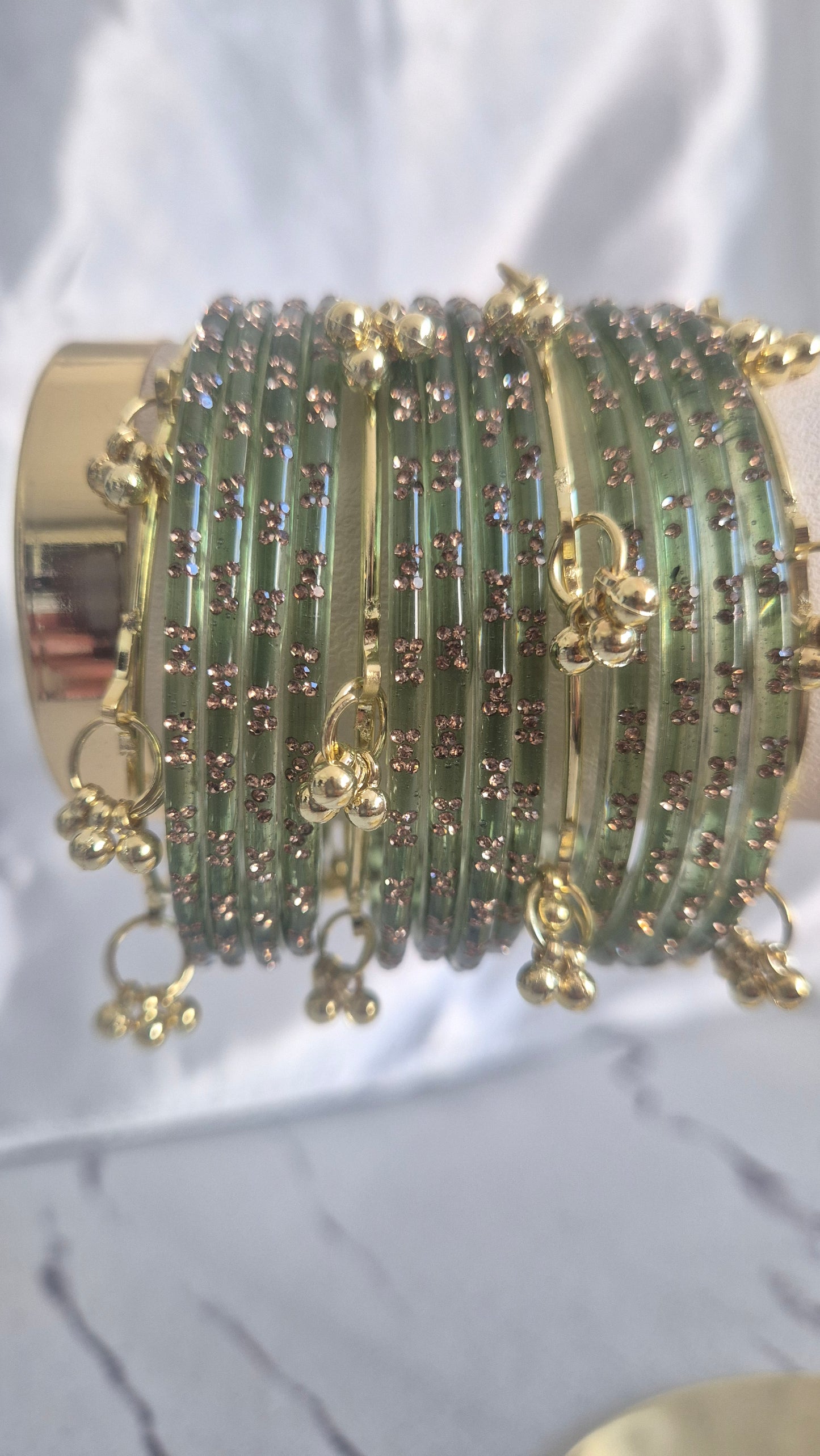 Olive Green Raindrop Glass with Gold Ghungroo Bangles