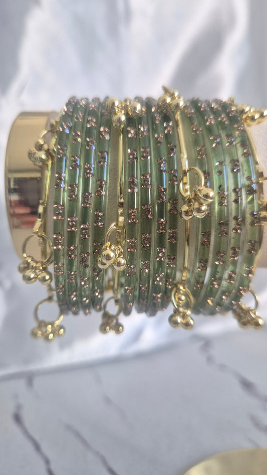 Olive Green Raindrop Glass with Gold Ghungroo Bangles
