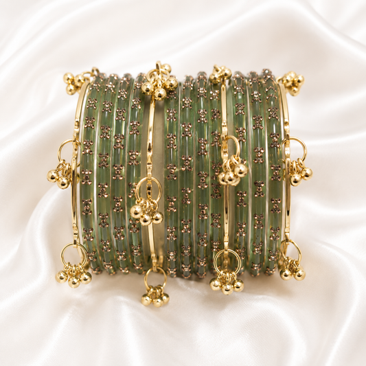 Olive Green Raindrop Glass with Gold Ghungroo Bangles