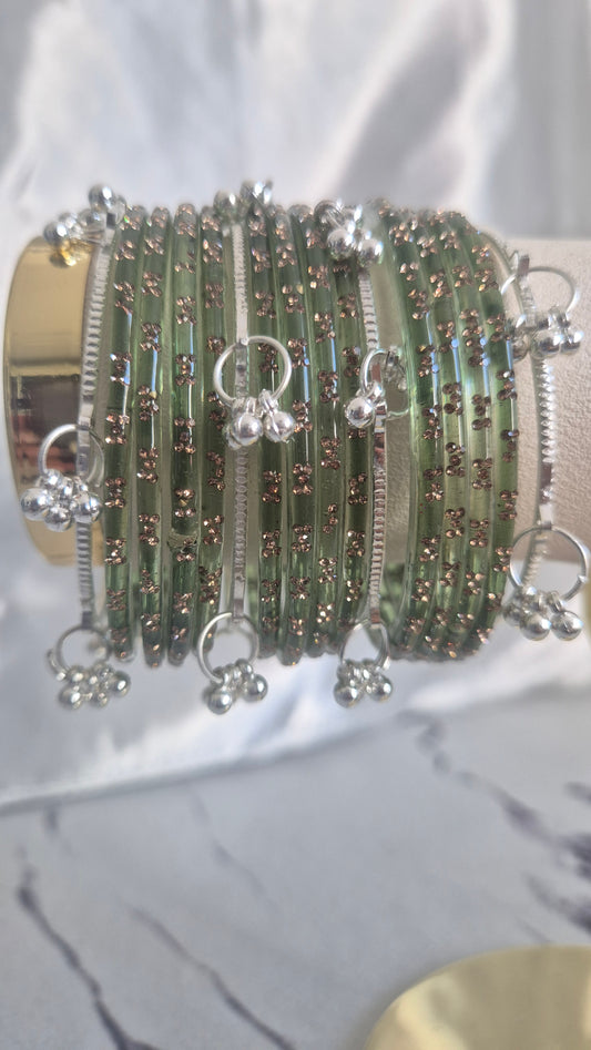 Olive Green Raindrop Glass with Silver Ghungroo Bangles