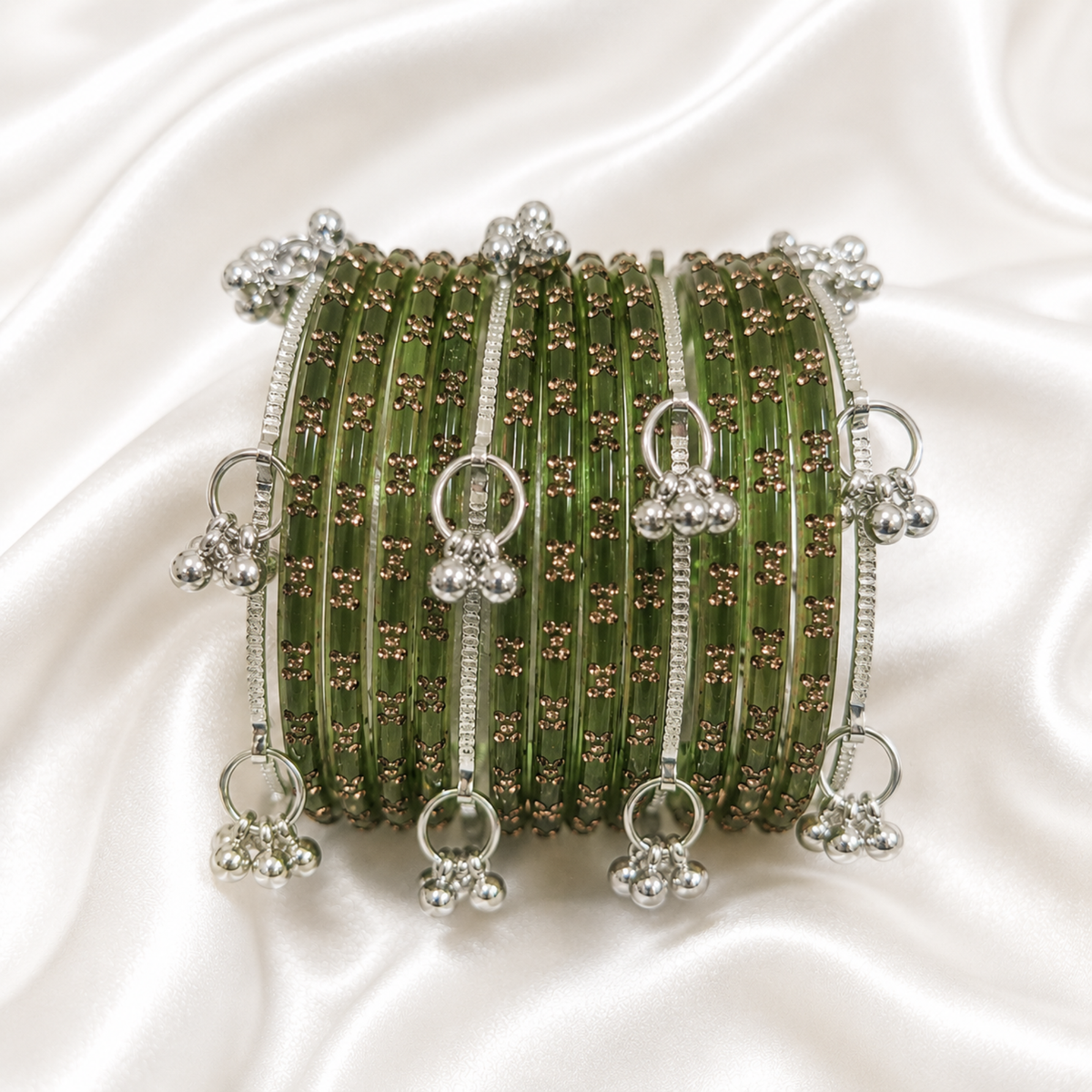 Olive Green Raindrop Glass with Silver Ghungroo Bangles