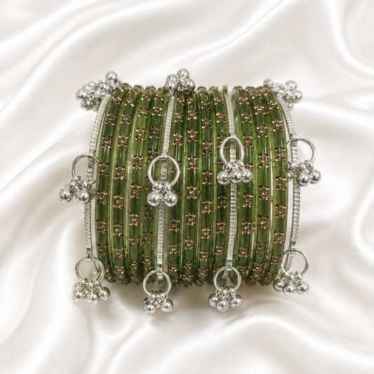 Olive Green Raindrop Glass with Silver Ghungroo Bangles