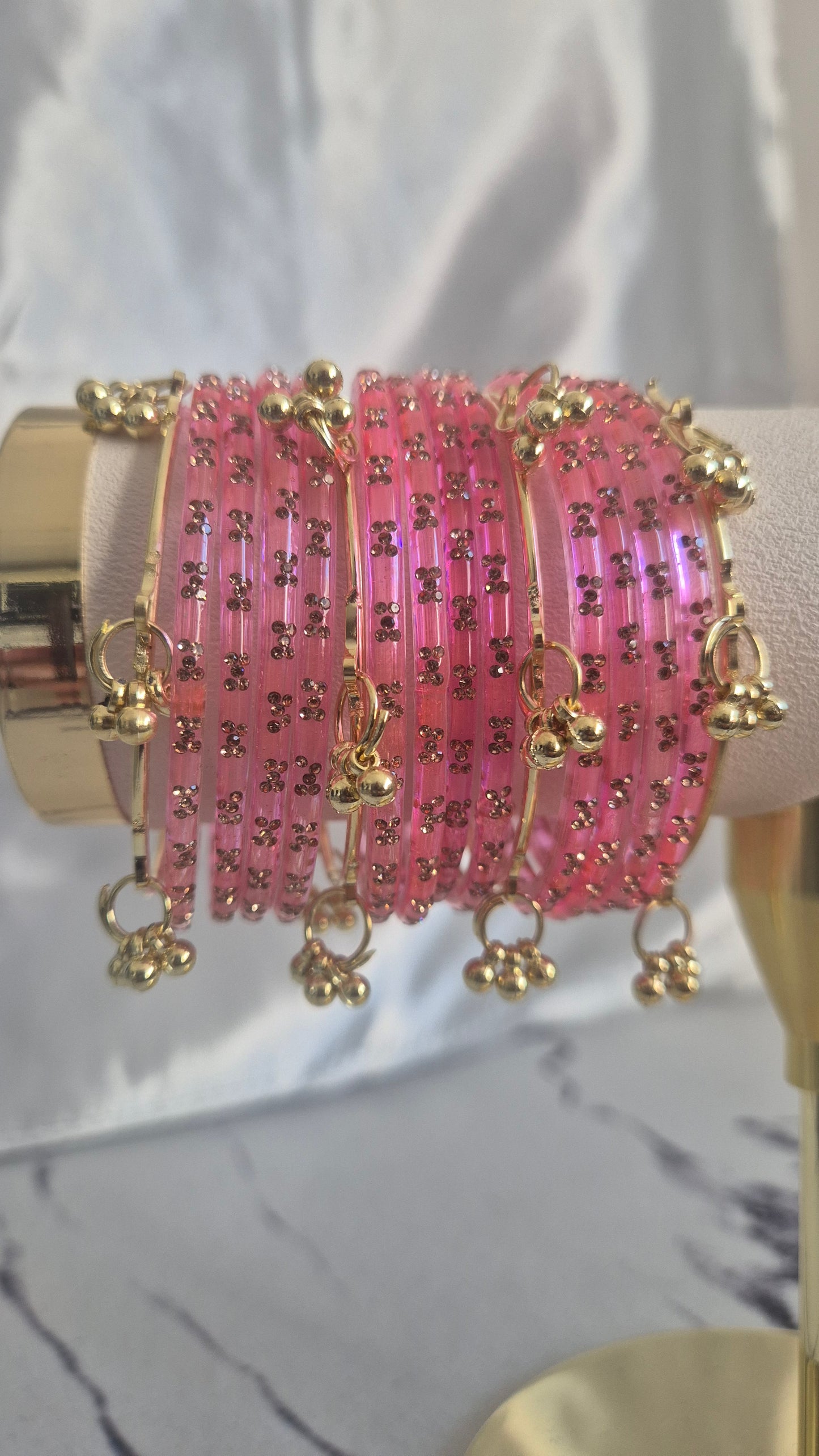 Pink Raindrop Glass with Gold Ghungroo Bangles