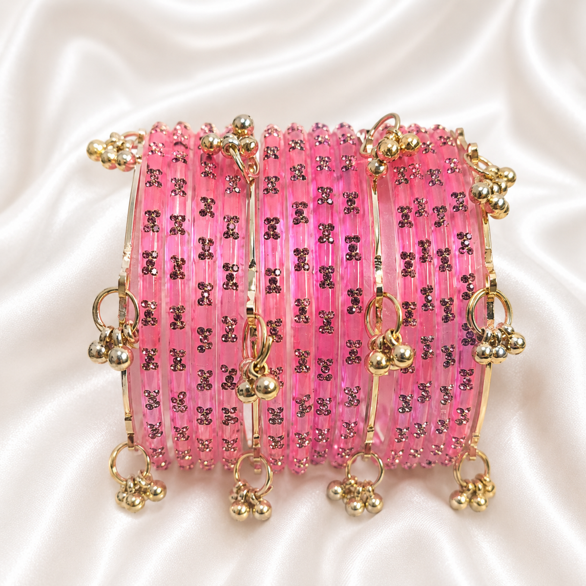 Pink Raindrop Glass with Gold Ghungroo Bangles