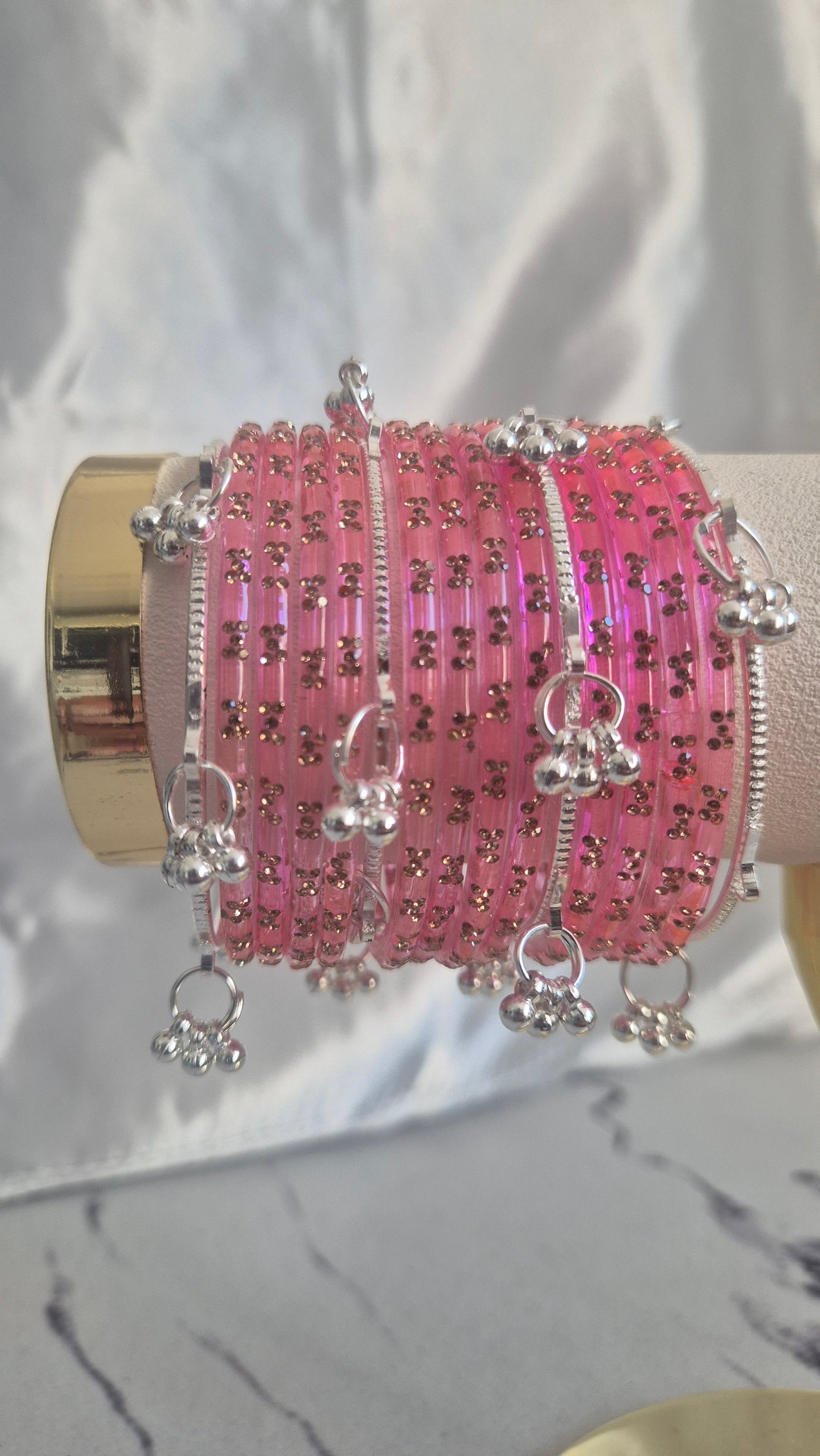 Pink Raindrop Glass with Silver Ghungroo Bangles