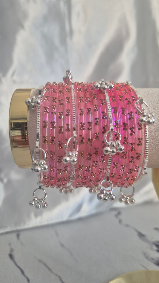 Pink Raindrop Glass with Silver Ghungroo Bangles