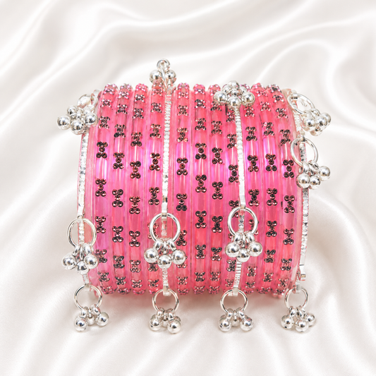 Pink Raindrop Glass with Silver Ghungroo Bangles