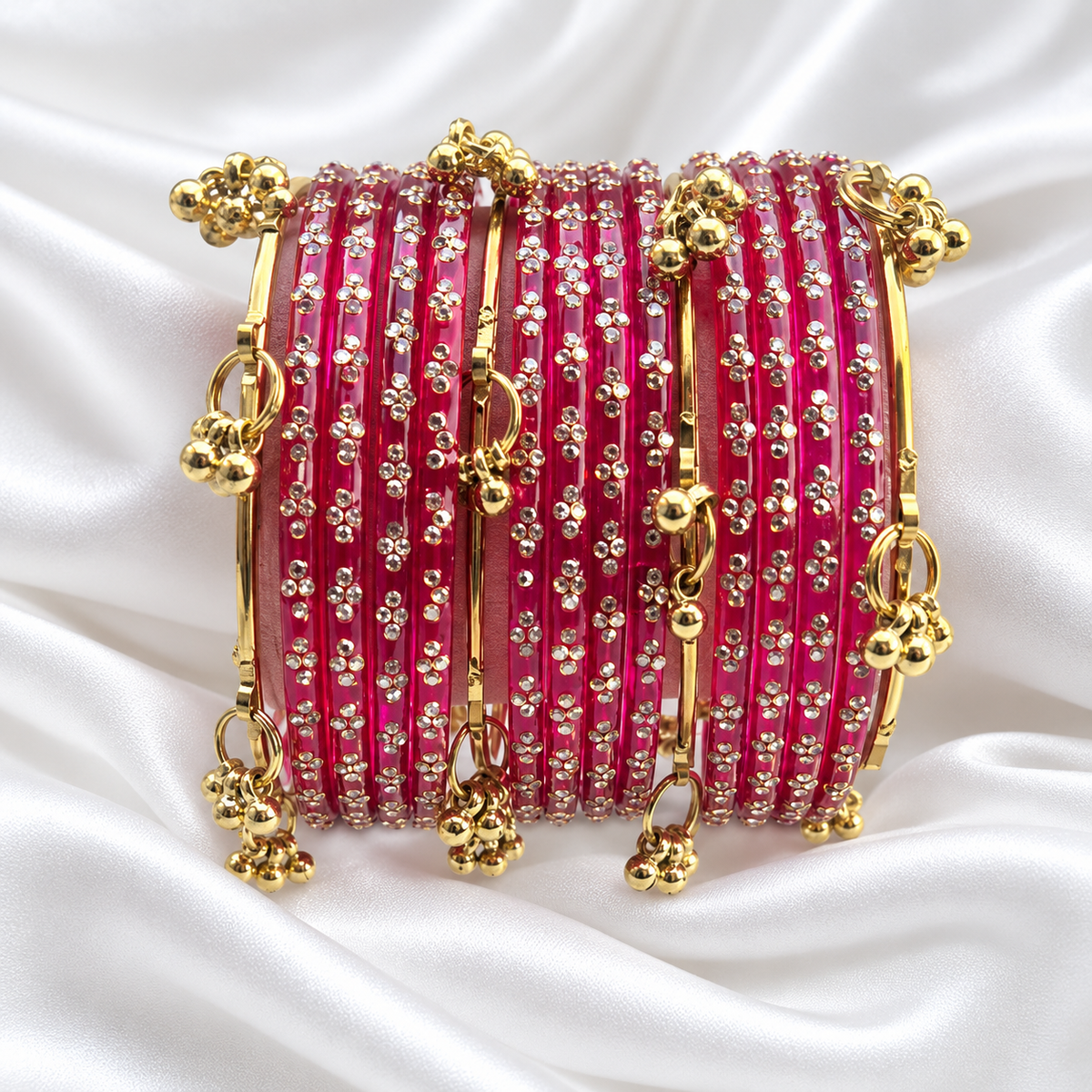Pink Red Raindrop Glass with Gold Ghungroo Bangles