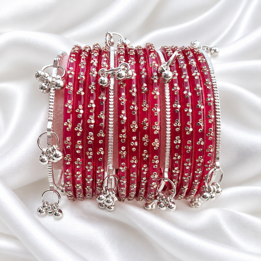 Pink Red Raindrop Glass with Silver Ghungroo Bangles