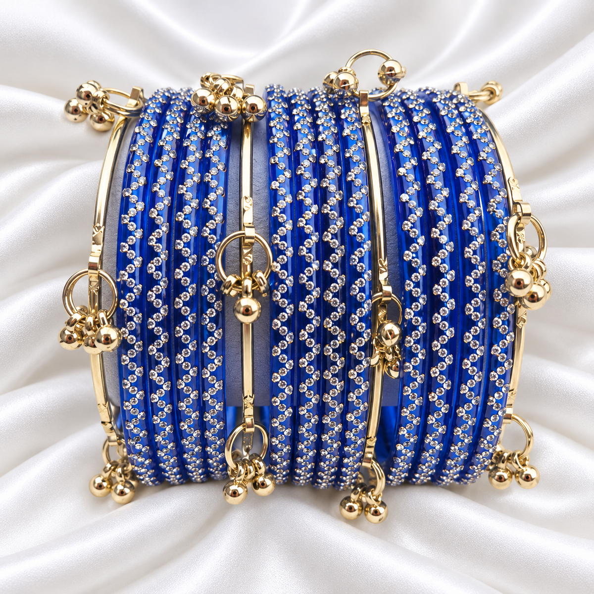 Royal Blue Zig Zag Glass with Gold Ghungroo Bangles
